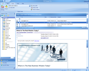 Image shows main GUI for Pst Reader Pro Outlook email viewer.