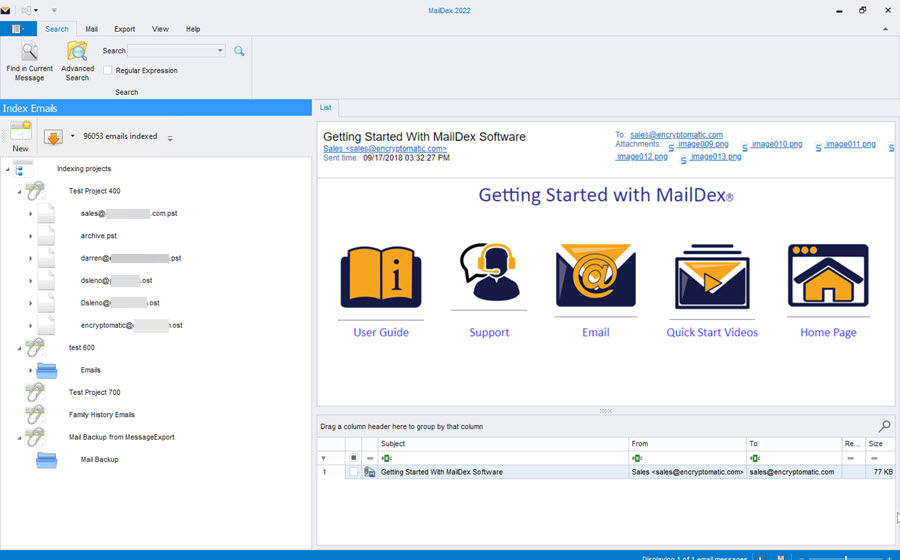 Screen image of MailDEX mail software screen. MailDex is a PST READER software app for reading, viewing, converting Outlook PST/OST files. Create an Index of PST/OST emails for fast search.