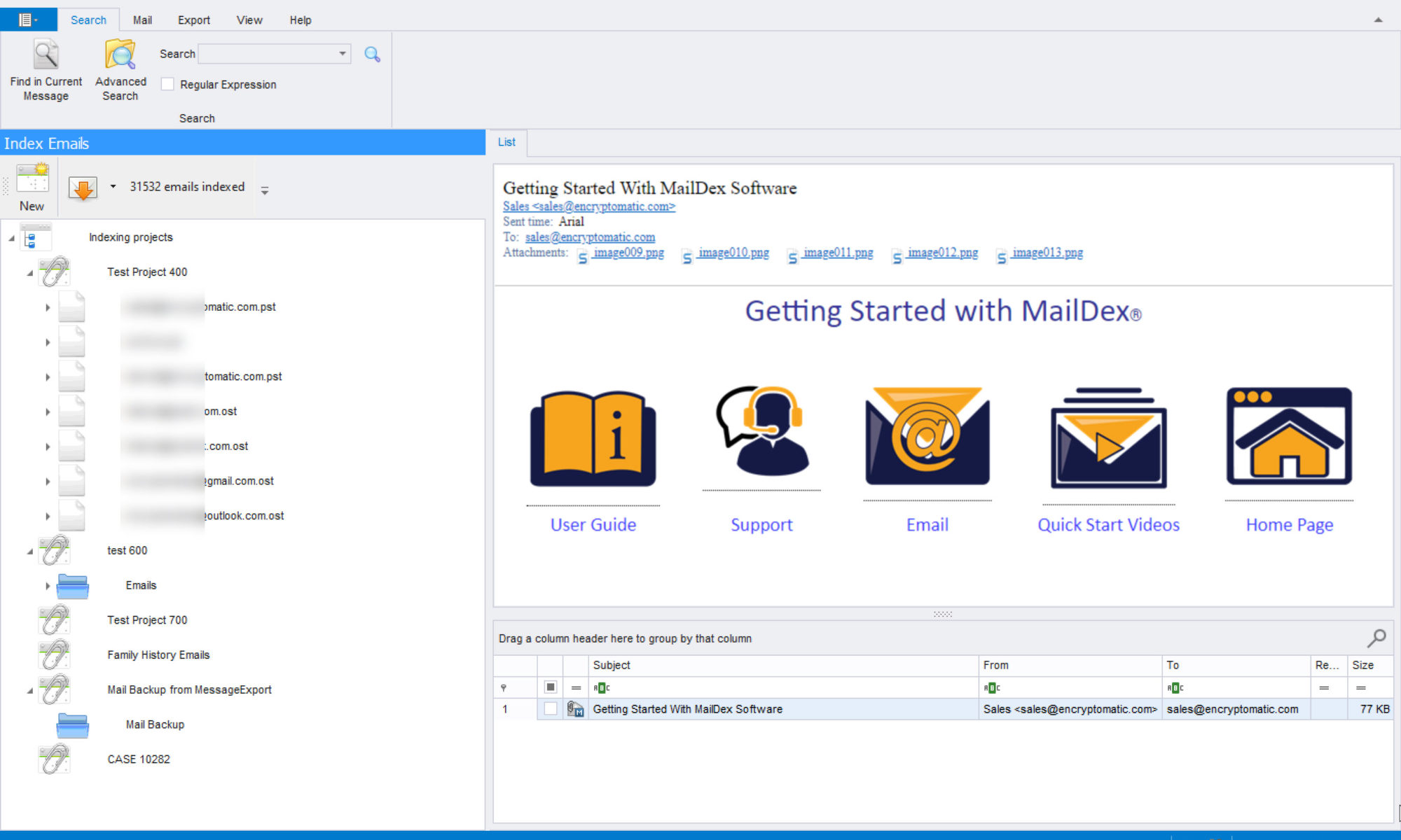 Screen image of MailDex OLM email viewer showing functions displaying a help message in the main viewing pane.